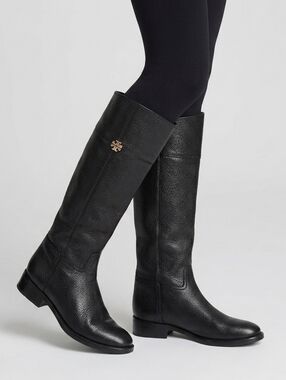 Tory Burch Black Pebbled Leather Knee-High Riding Boots Gold Logo Size 5M